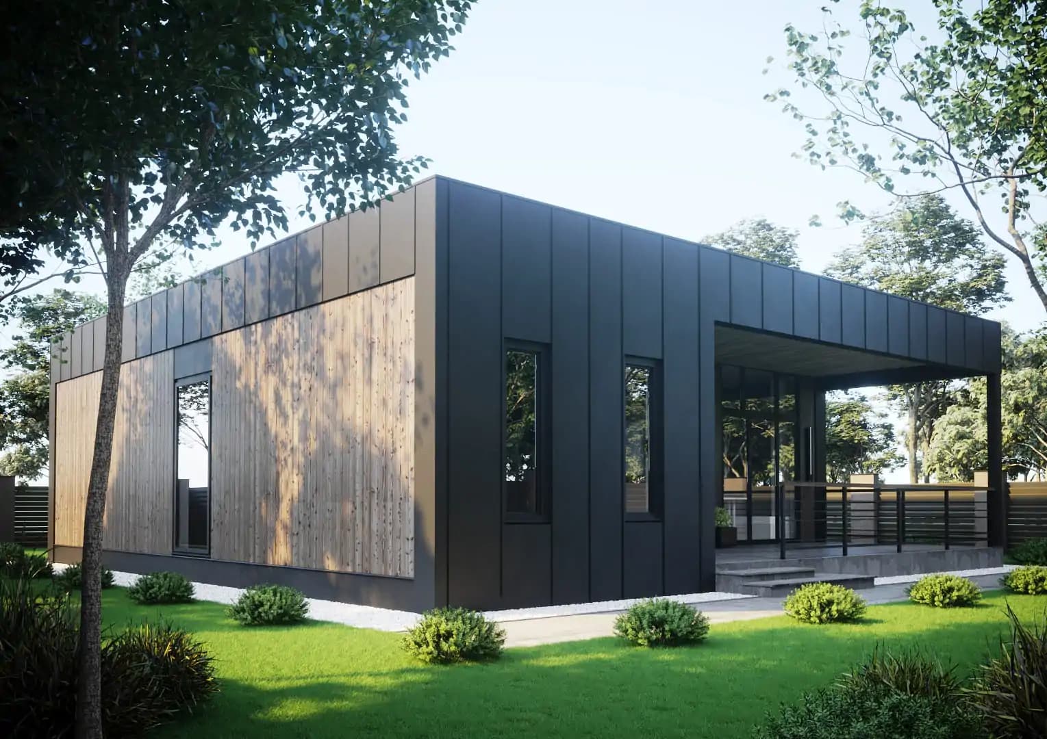 Modüler prefabrik ev geniş cam cephe görseli